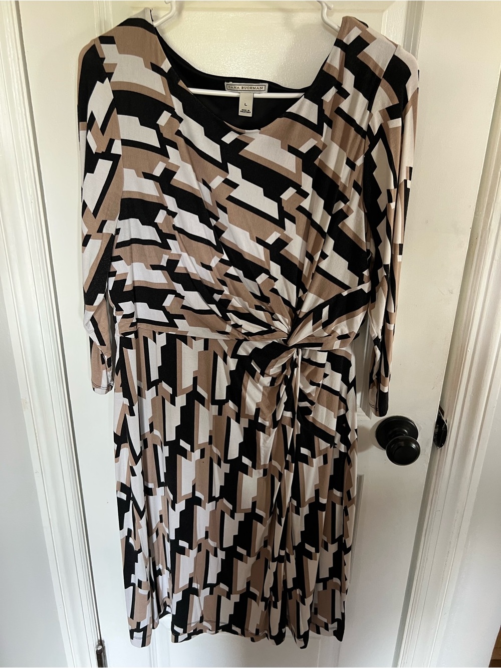 Dana Buchman Geometric Midi Dress in Black, White & Tan